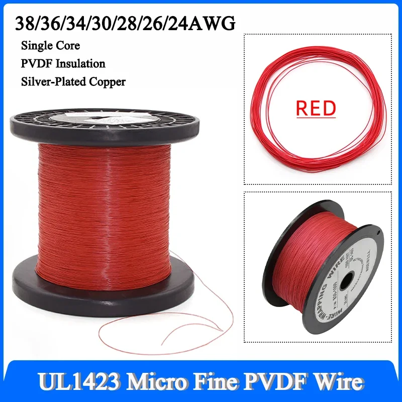 5~500M Red UL1423 Micro Fine PTFE Wire 38/36/34/30/28/26/24AWG High Temperature Silver Plated Copper Single Core Cable