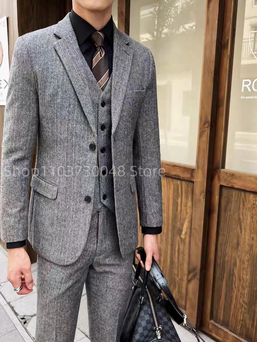 

Gray Wool Tweed Winter Men Suit's For Wedding Formal Groom Tuxedo Herringbone Male 3 Piece Suits Men Clothes(Jacket+Vest+Pants)