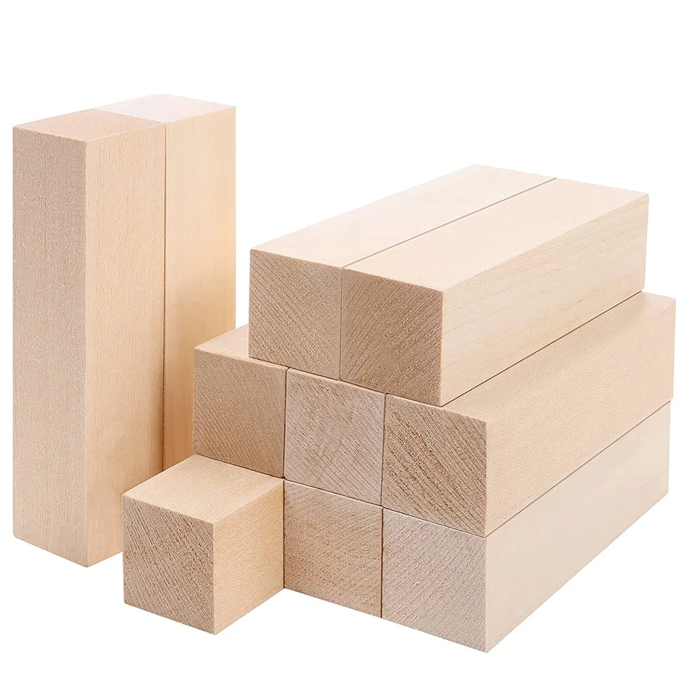 Large Carving Wood Blocks (10 Pack) 4 x 1 x 1 Inches Unfinished Basswood Project Craft Kit DIY Hobby Set for Beginners