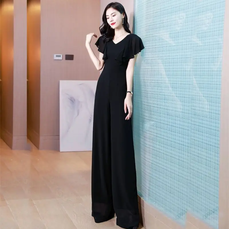 

Женский летний комбинезон из шифона, новинка, цельный, стройнящий, элегантный, с рукавами-рюшами, широкими штанинами, тонкий, легкий, для повседневной носки