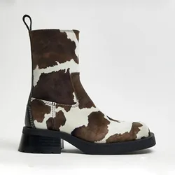 Fashion Milk Horsehair Ankle Boots Round Toe Woman Chelsea Booties Mid Chunky Heel Horse-hair Femme Boots