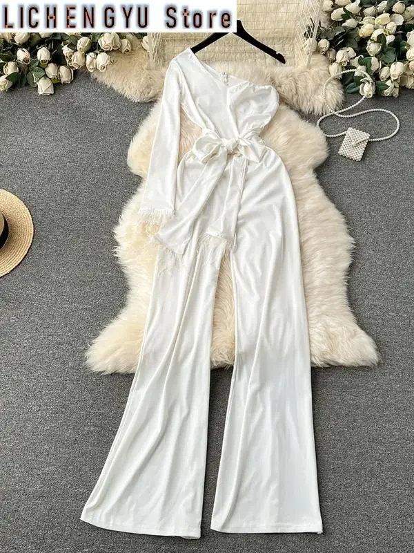 New elegant style chic jumpsuit women diagonal collar long-sleeve burr patchwork high waist jumpsuits winter spring
