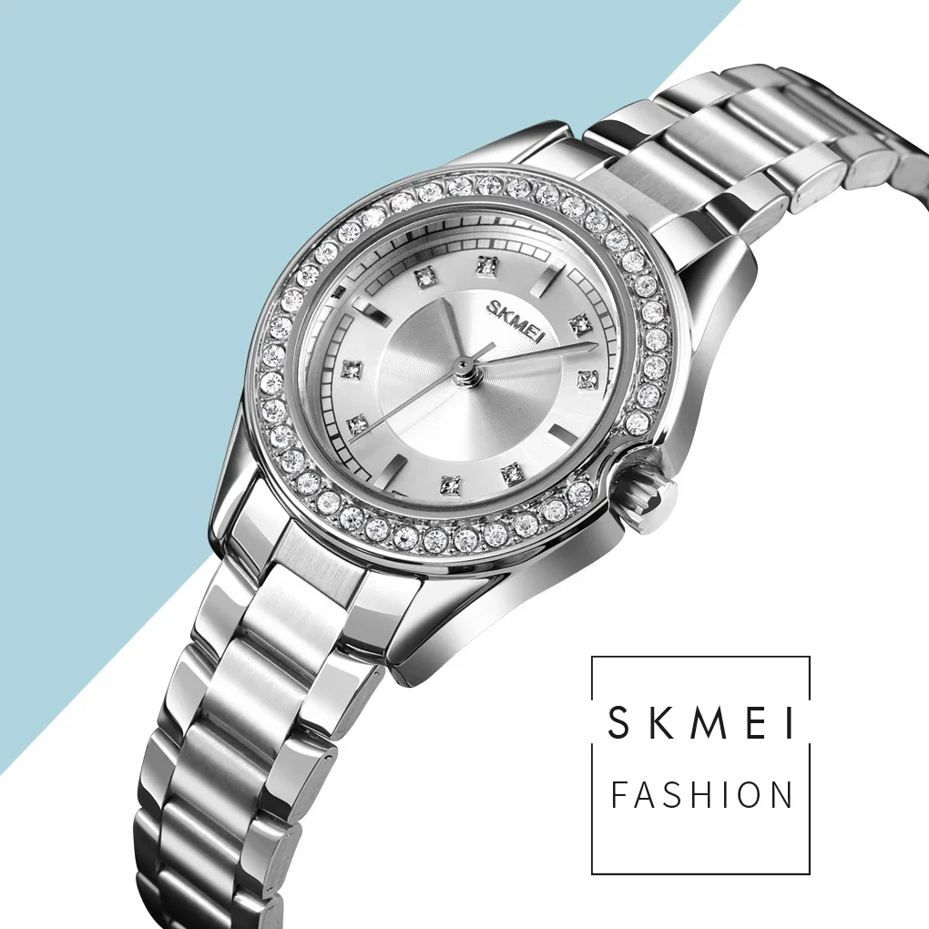 SKMEI 1534 damskie zegarki wodoodporna stal nierdzewna pasek reloj mujer moda kobiety zegarek kwarcowy innowacyjne diamentowe zegarki na rękę