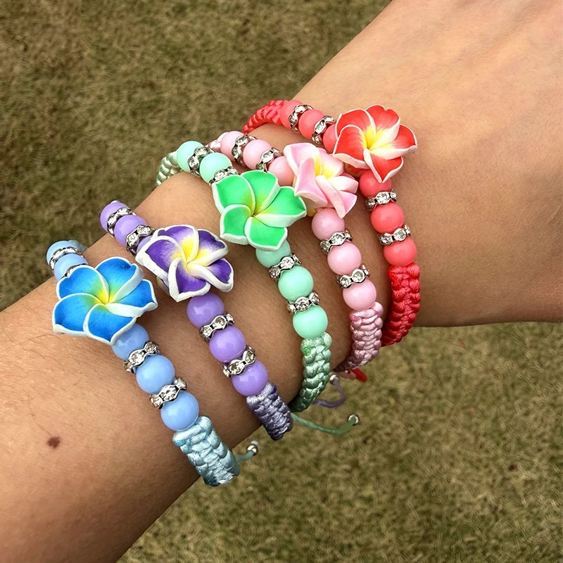 

5pcs Hawaiian Plumeria Flower Bracelets Luau Summer Beach Party Gift Aloha Tropical Birthday Decoration Wedding Beaded Bangles