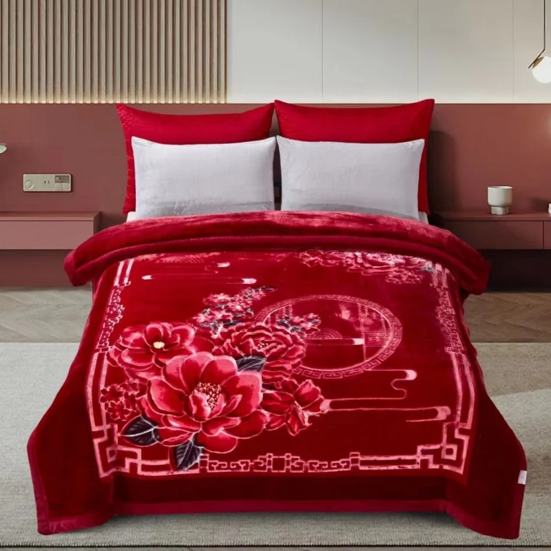 Laschel Blanket Quilt Double-Layer Thickened Thermal Coral Fleece Cloud Blanket Double Wedding Ceremony Red Cover Blanket