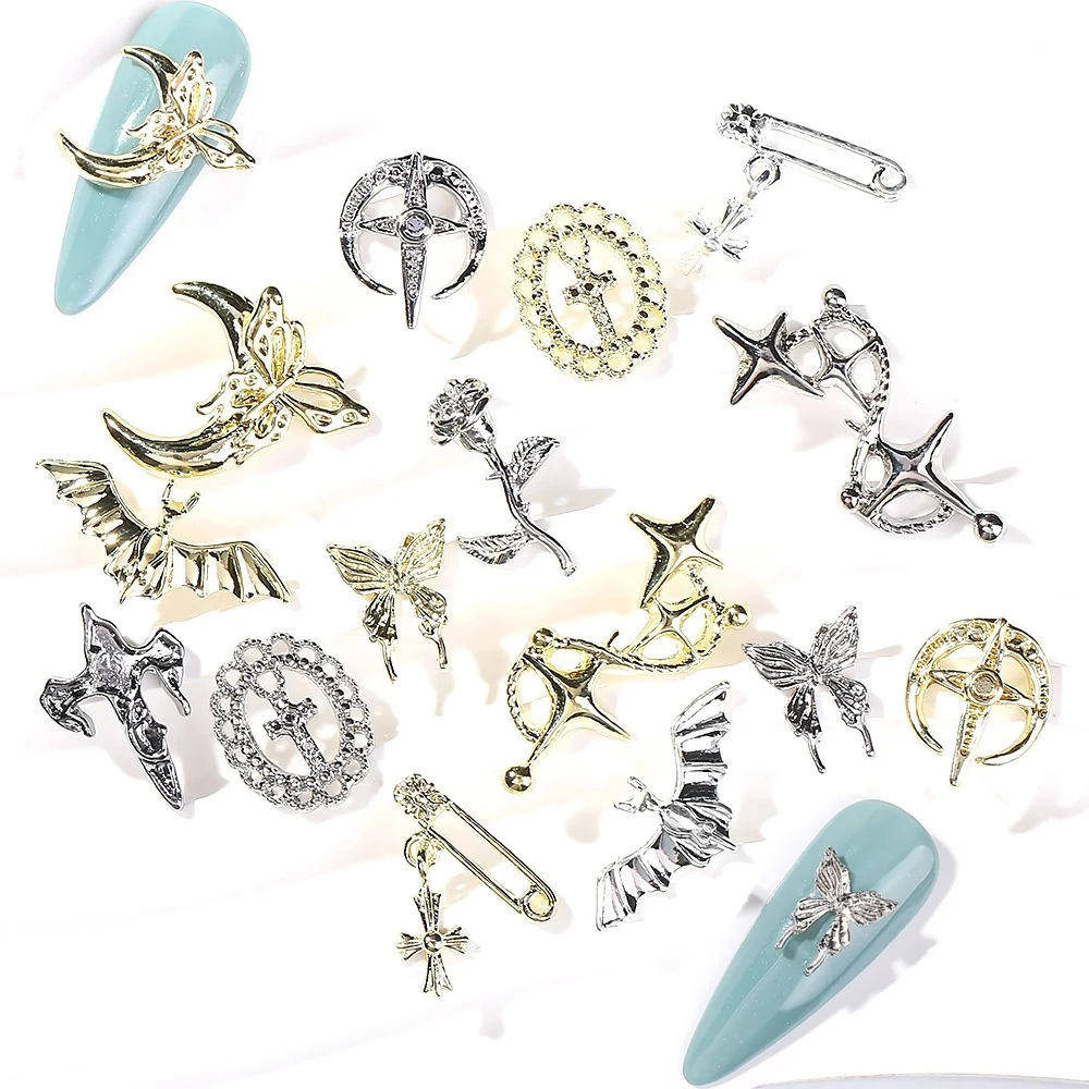 10pcs Alloy Bat Nail Art Charm Retro Cross Pin Manicure Decorations 3D Rose Butterfly Metal Versatile DIY Nail Art Accessories