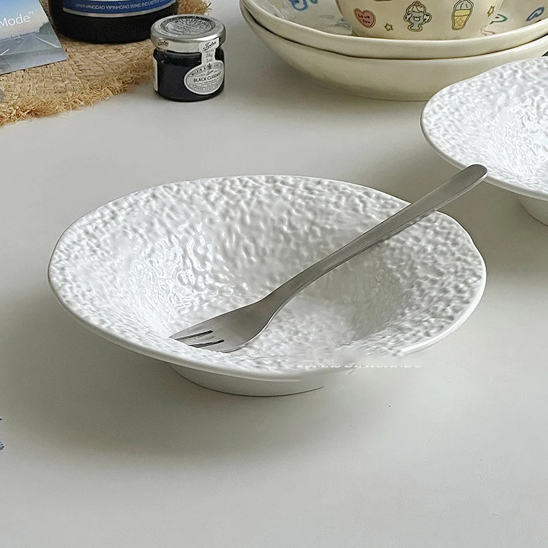 Embossed Ceramic Dinner Plate Light Luxury Creative White Deep Plate Household Dessert Salad Plate Kitchen Tableware