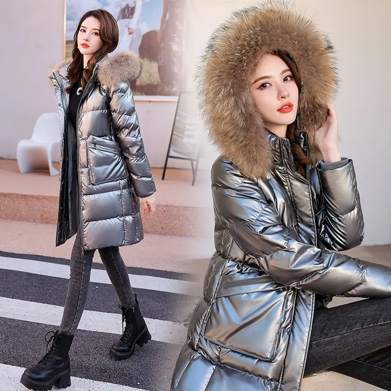 2023 New Winter Fashion Fur Collar Bright Face Down Coat Women\'s Mid length Down Jacket Knee Thickened Warm Cotton Coat