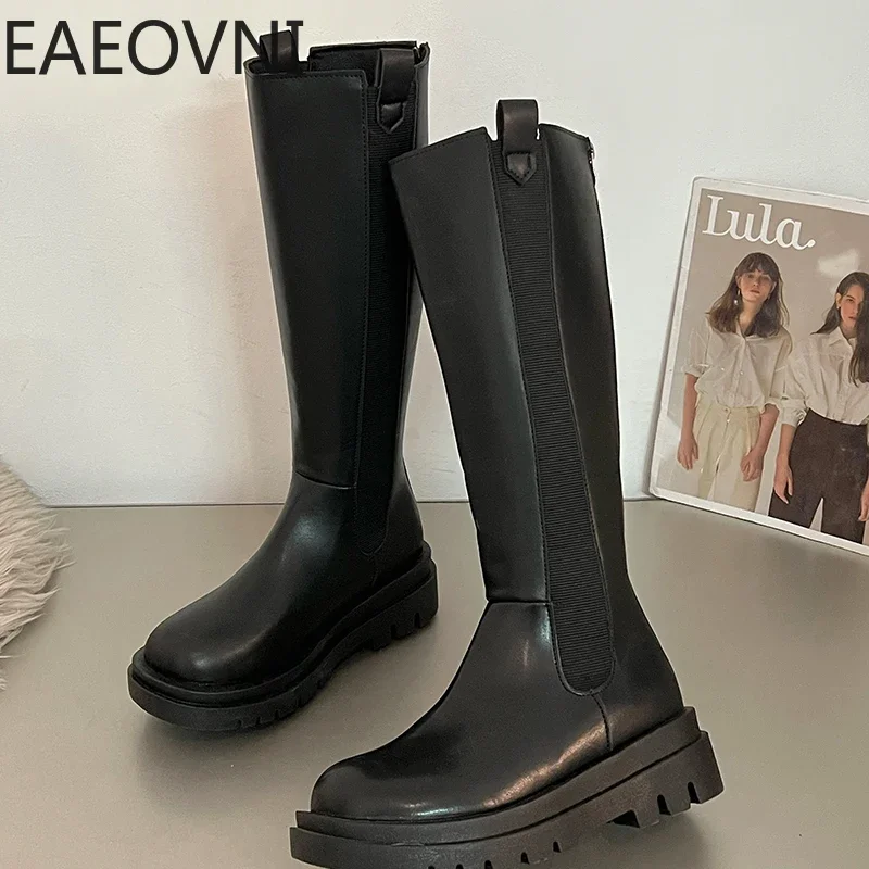 Punk Style Women Knee High Boots Fashion Slip On Thick Heel Shoes Autumn Winter Warm Fur Ladies Knight Long Booties