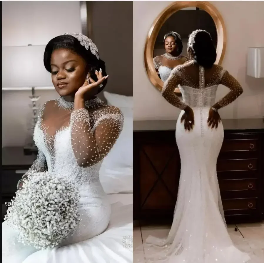 Vestido de novia de sirena de lentejuelas con cuentas y cuello alto personalizado con tren desmontable ilusión africana vestido de novia de manga larga