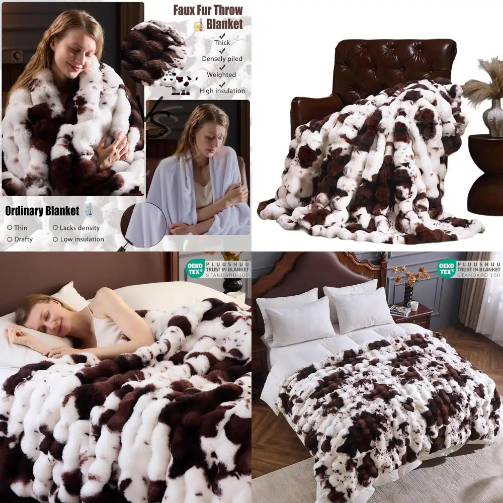 

Cozy Plush Cow Print Faux Fur Blanket, 90x90 Inches, Warm Shaggy Throw for Sofa & Bedroom
