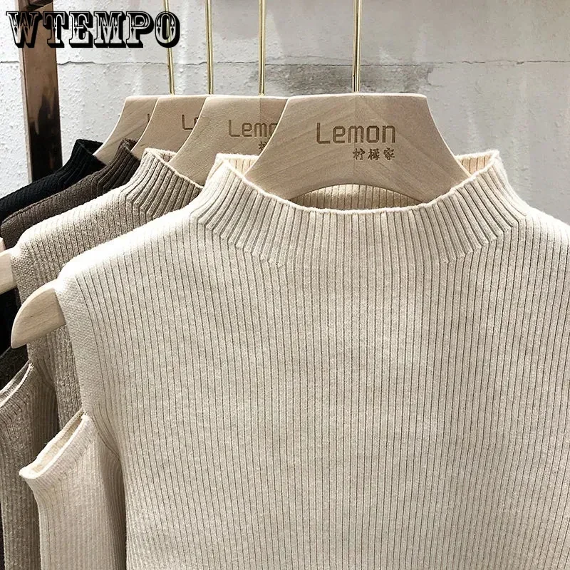 Off Shoulder Sweater Half High Neck Slim Knit Pullover Solid Color Women Long Sleeve Short Top Casual Harajuku Commuting Fall