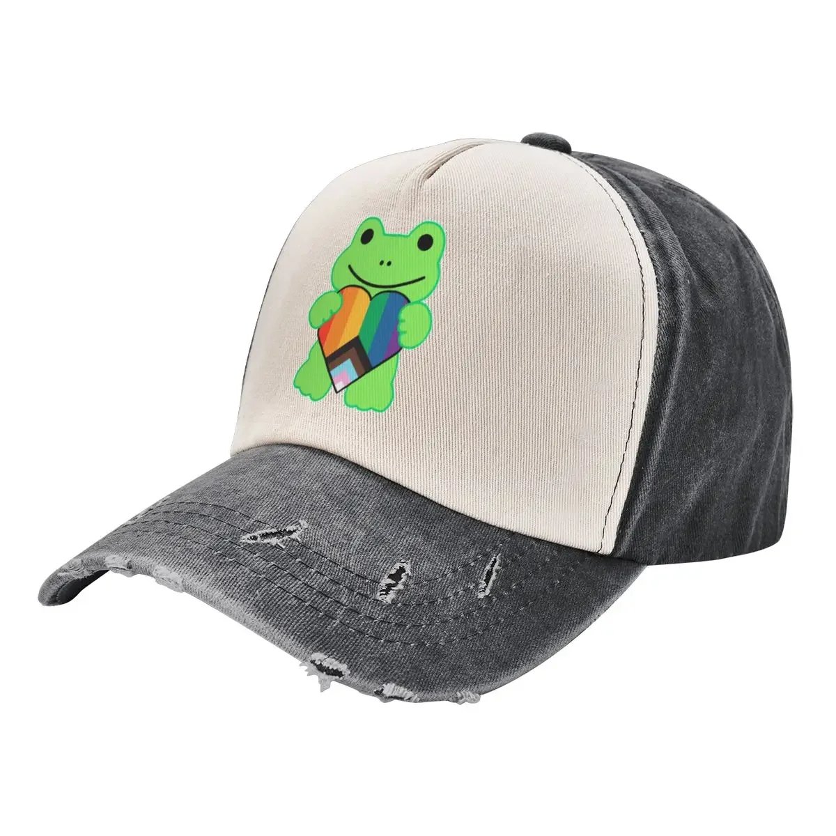 

Green Frog Holding Inclusive Pride Flag Love Heart Baseball Cap birthday fishing hat Wild Ball Hat Golf Hat Mens Tennis Women's