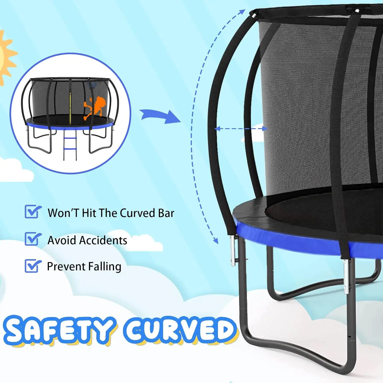 12FT 14FT 15FT 16FT Trampoline for Kids/Adults - Outdoor Recreational Trampolines with Enclosure Net Curved