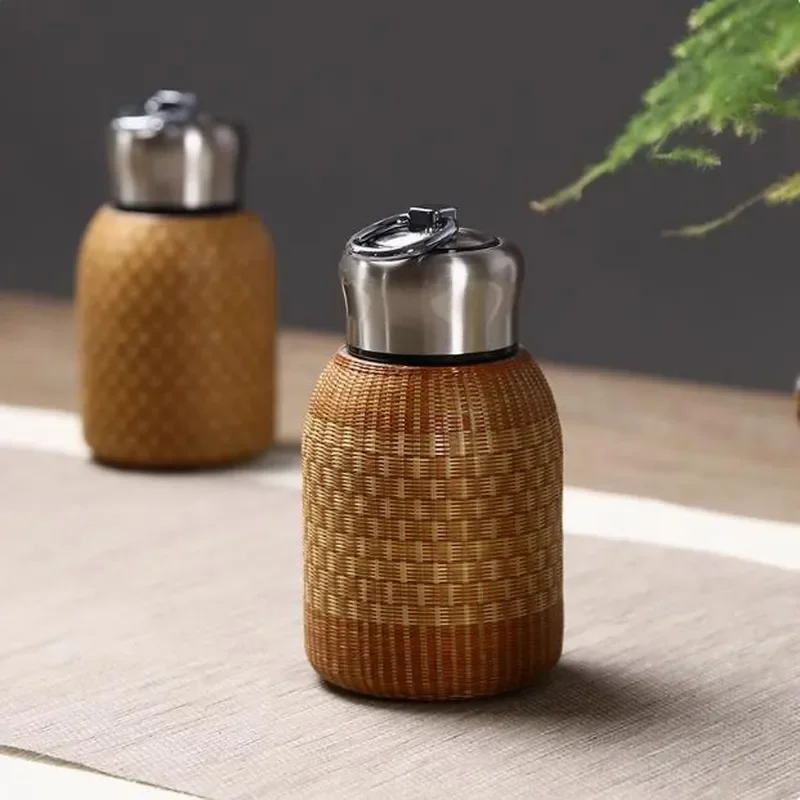 for Bamboo Silk Buckle Porcelain Tea Set for Porcelain Tire Bamboo Woven Thermos Cup Portable Kettle 304 Stainless Steel