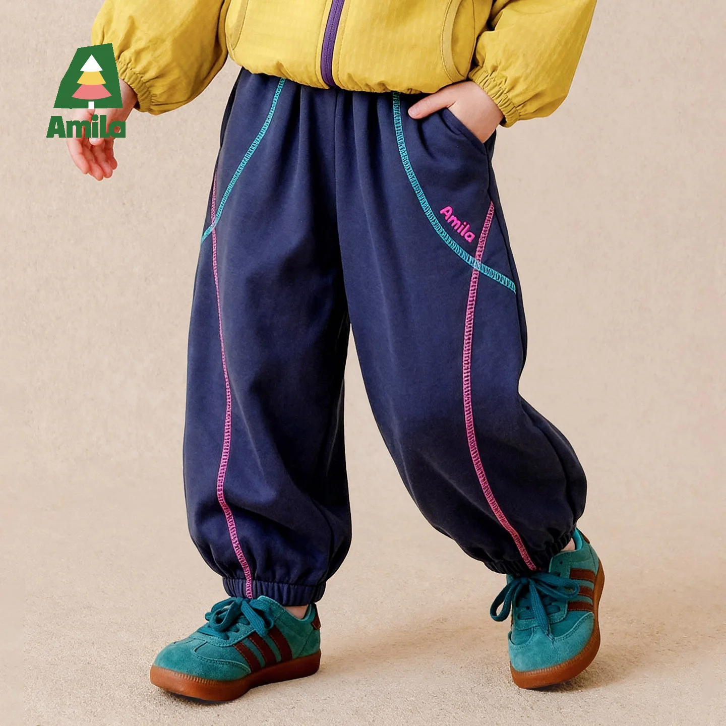 Amila 2026 Autumn New Kids Casual Pants Sports Cuffed Color Block Stripe Brand Embroidery Fashion Comfortable Daily Long Pants