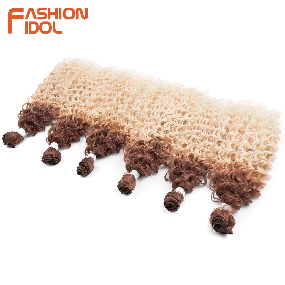 FASHION IDOL Afro Kinky Curly Hair Weave Bundles 613 Blonde Color Synthetic Hair Extensions 6pcs 22 24 26 inch Deep Wave Hair