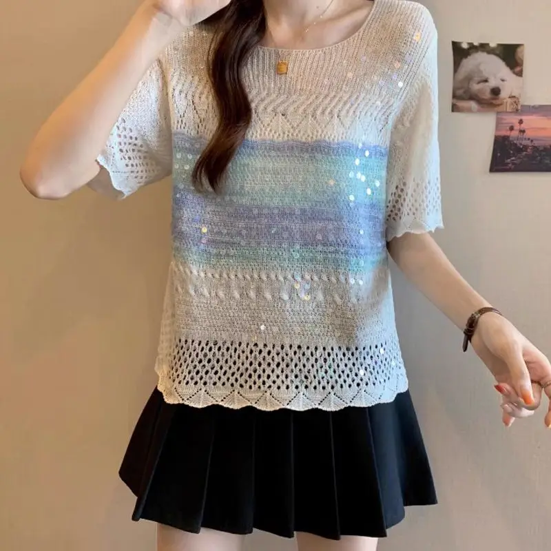 Dopamine Style Rainbow Stripe Crochet Hollow Out Knitted Shiny Short Sleeve Women's T-shirt 2025 Summer New Sequined Chic Top