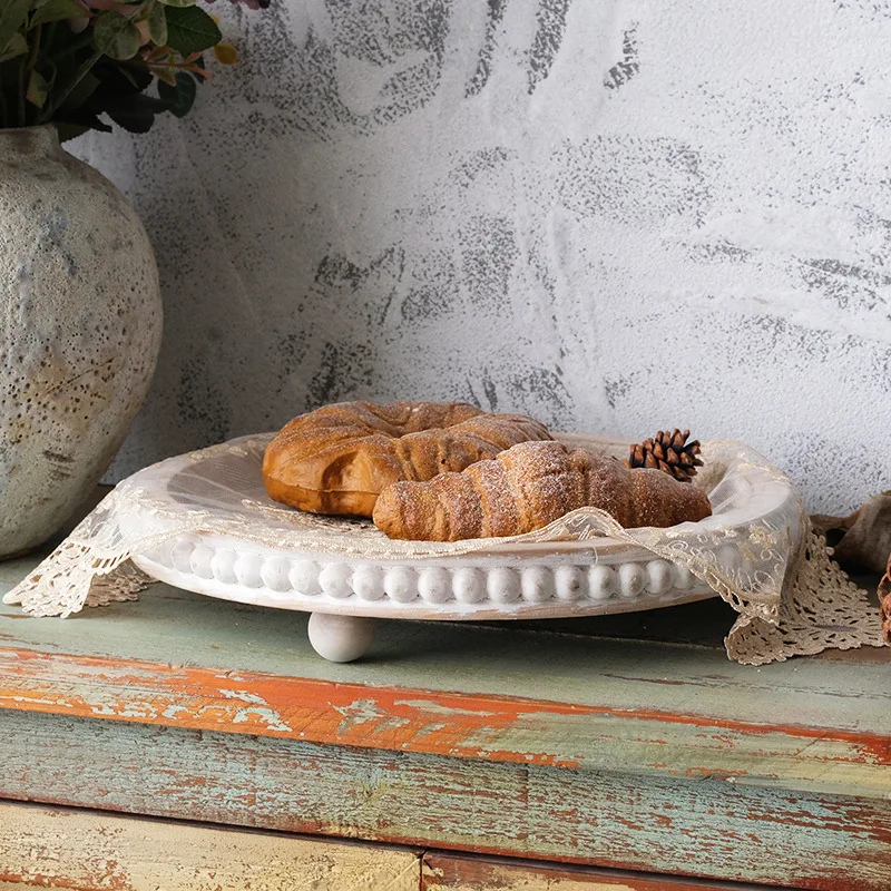 2in Round White Wood Beaded Tray Decorative Round Tray for Living Room Coffee Table Kitchen Table Decor Farmhouse Serving Tray