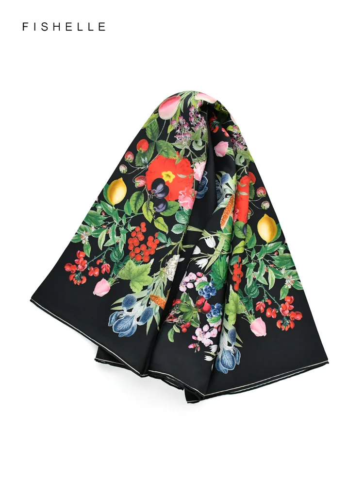 Black white fruit flower printed natural silk twill scarf head scarves women silk square bandana shawl luxury gift for lady