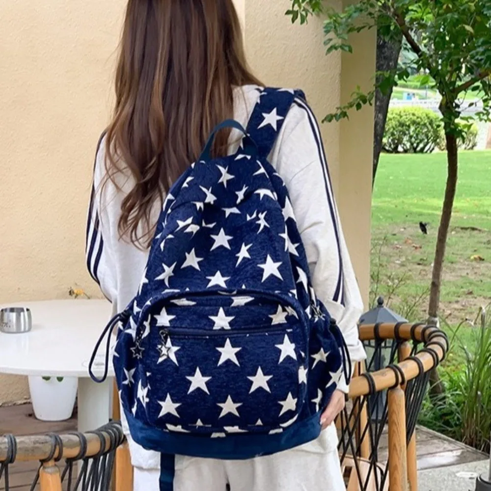 Korean Style Grey Stripes Backpack Multi-pocket Lightweight Star Printing Backpack Adjustable Straps Commuting