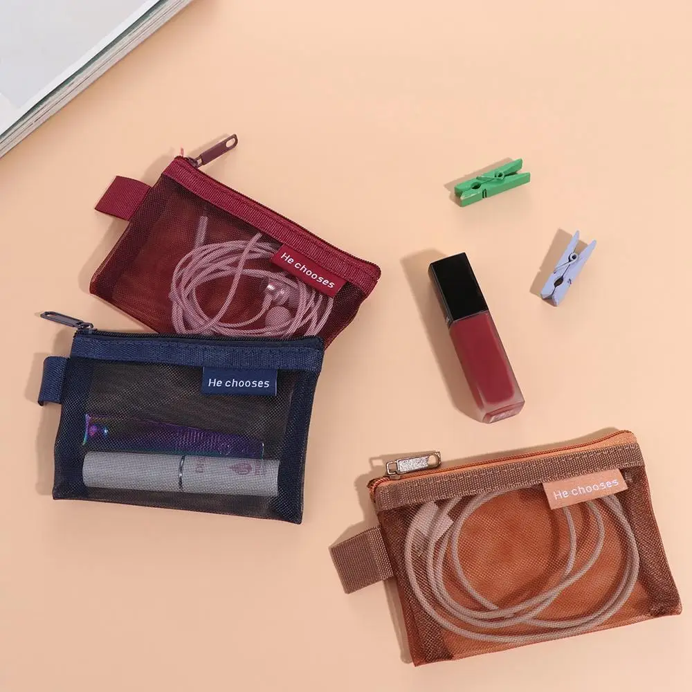 Bolsa de almacenamiento de monedas de malla, bolsa de cosméticos, lápiz labial, Mini monedero, servilleta sanitaria, Color sólido