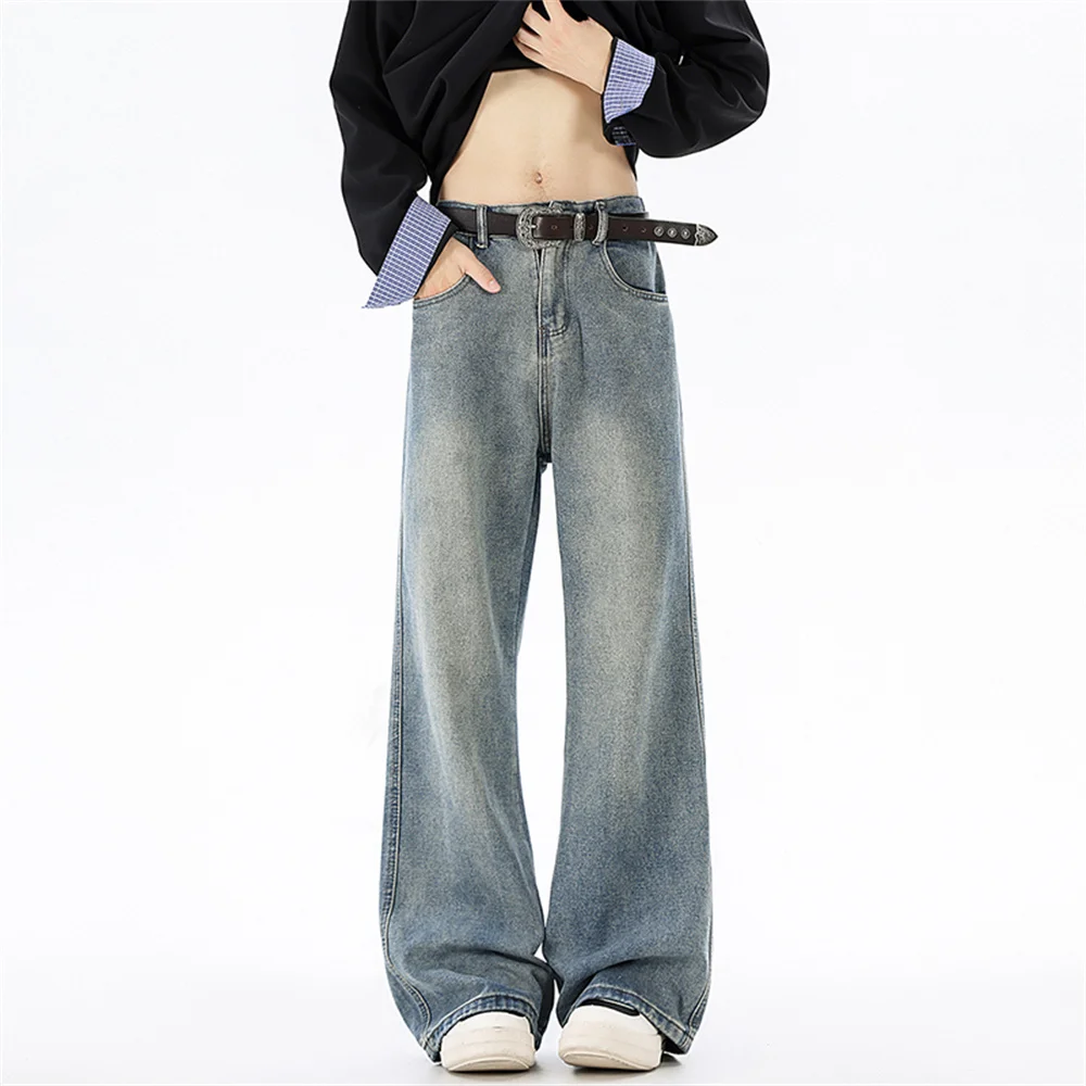 سراويل دينم غير رسمية مغسولة متعددة الجيوب واسعة الساق لخريف 2025 نمط جديد فضفاض غير رسمي ريترو مستقيم الساق سراويل طويلة للرجال #4