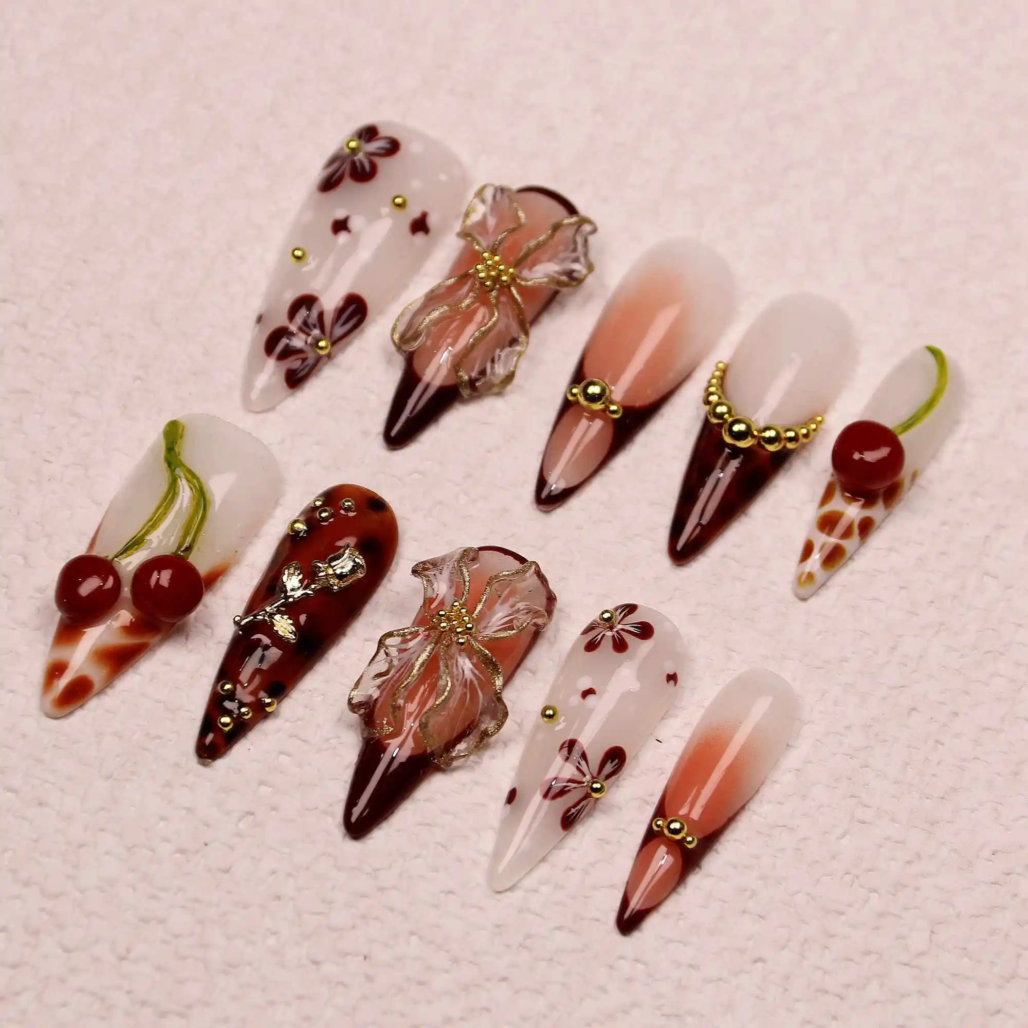 10Pcs Long Stiletto Cherry with Rose Press On Nails Custom Handpainted Golden Luxe Royal Design with Adhesive Nail File Set