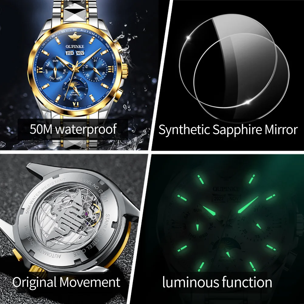 OUPINKE 3201 Wysokiej jakości męski zegarek automatyczny mechaniczny ﻿   Zegarki z kalendarzem wiecznym i fazami księżyca, wodoodporne do 50M, w pudełku prezentowym