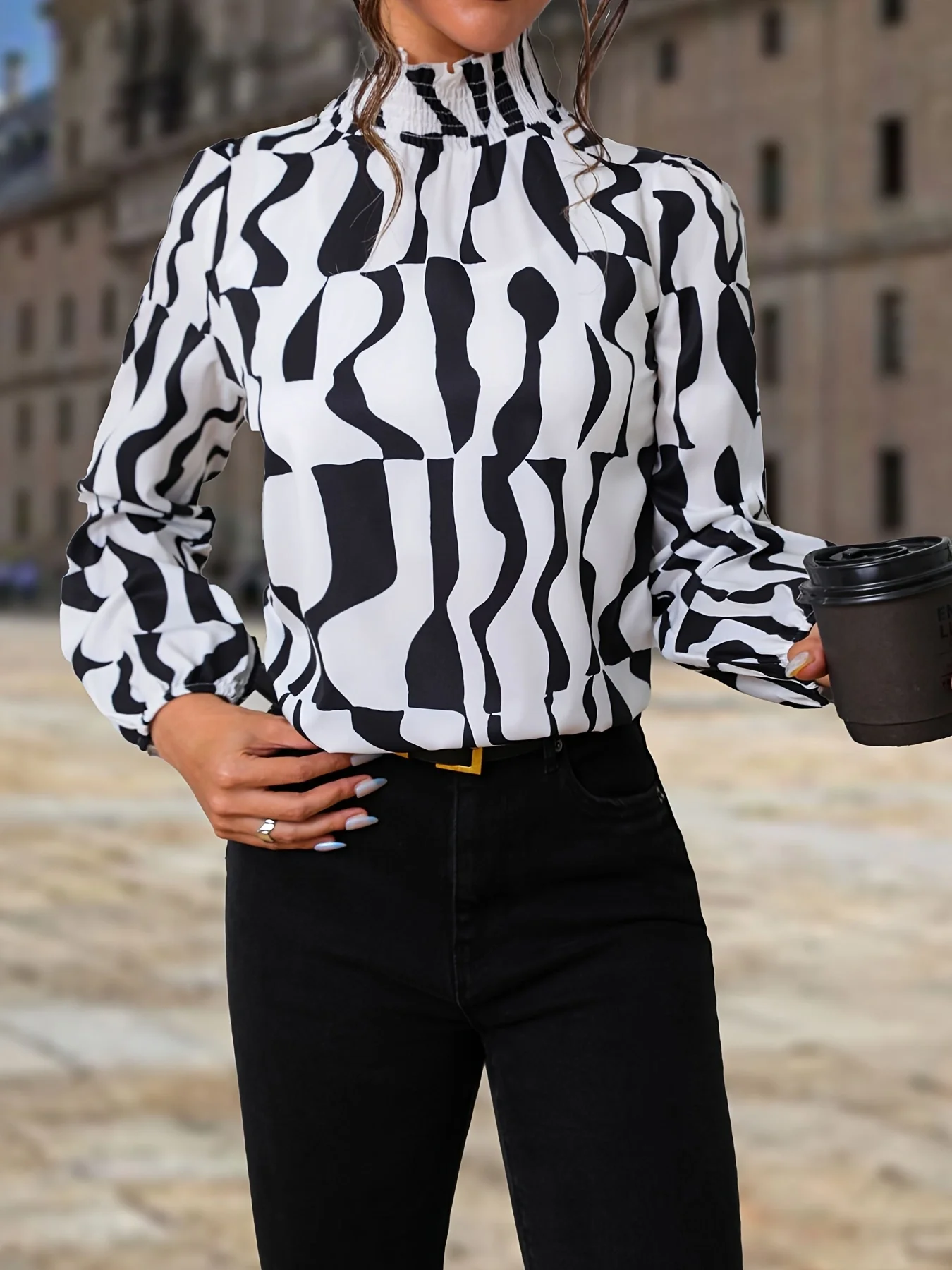 New black zebra print long sleeve shirt, elegant women\'s lantern sleeve long sleeve shirt, women\'s wear