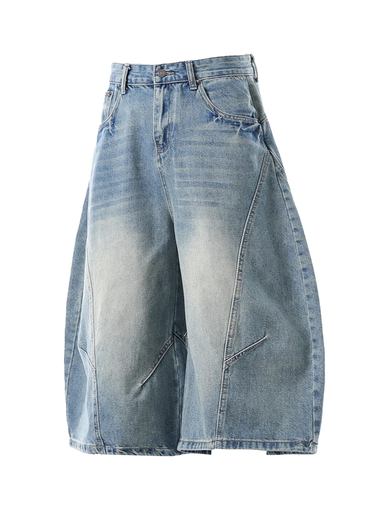 American Retro Knife Seven-Foot Loose Wide-Leg Jeans Shorts Over-Knee Casual Mid-Pants Men High Street Slimming Mid-Pants