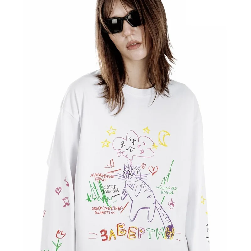 

Harajuku Casual O-neck Punk Cat Print Long Sleeves T-shirts Y2K Cotton Men Pullovers Loose Hip Hop Tops Goth Retro streetwear