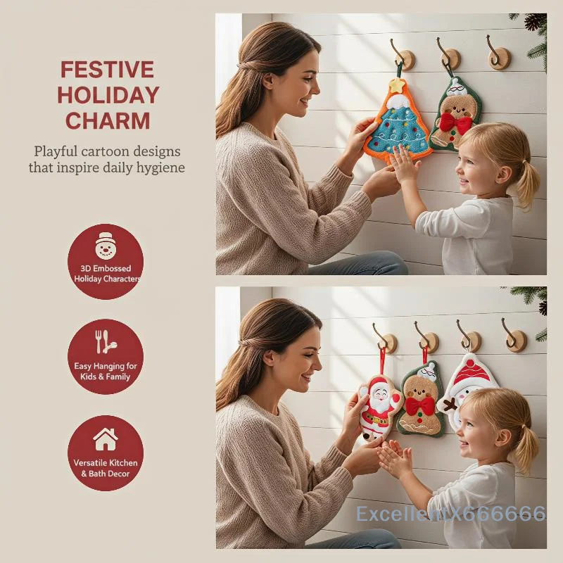 Cartoon Christmas Hanging Hand Towels Thick High Absorbent Soft Towels for Bathroom Kitchen Winter Home Decor