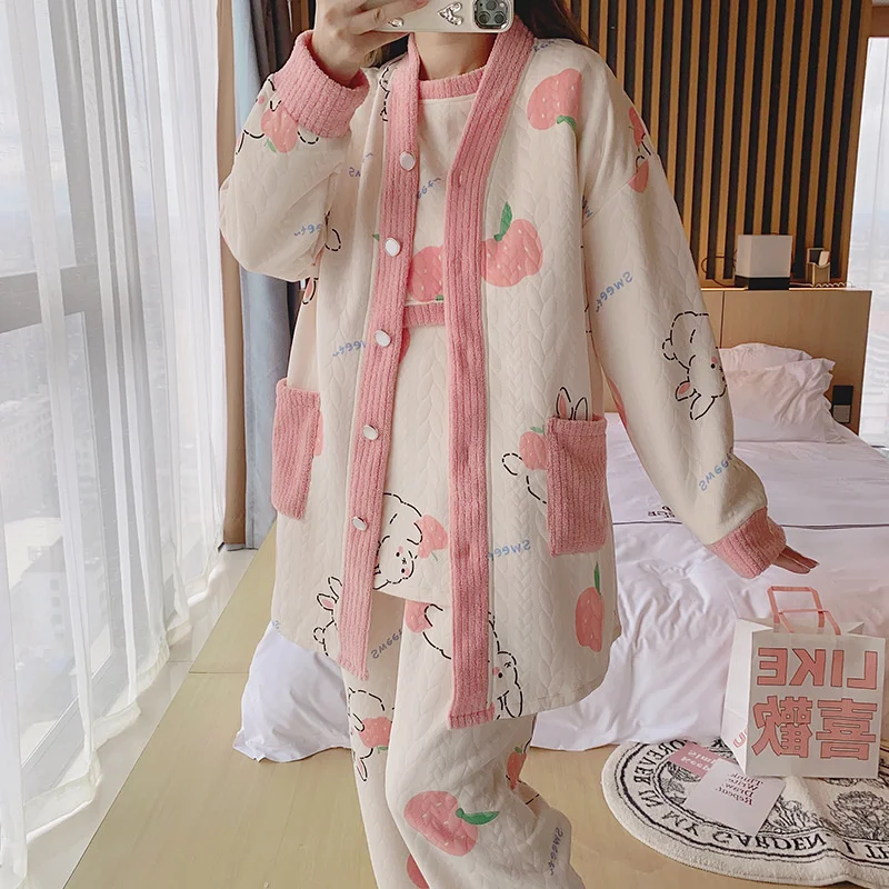 Spring Autumn Woman 3 Pieces Pajamas Sets Sleepwear  Long Pants Long Sleeved Cotton postpartum breastfeeding Home wear