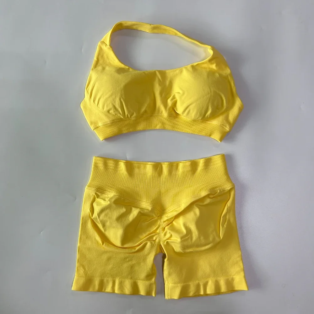 2-teiliges Set Damen Nahtloses Yoga-Set Workout-Sets Halter-Sport-BH Scrunch-Shorts Fitnessanzug Sportbekleidung – Detail 21
