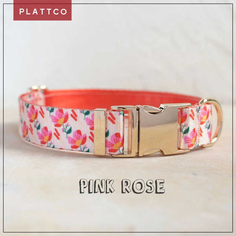 PLATTCO unique design dog collar print Pink Rose pattern with high quality light color zinc alloy buckle 5 size PDC346G