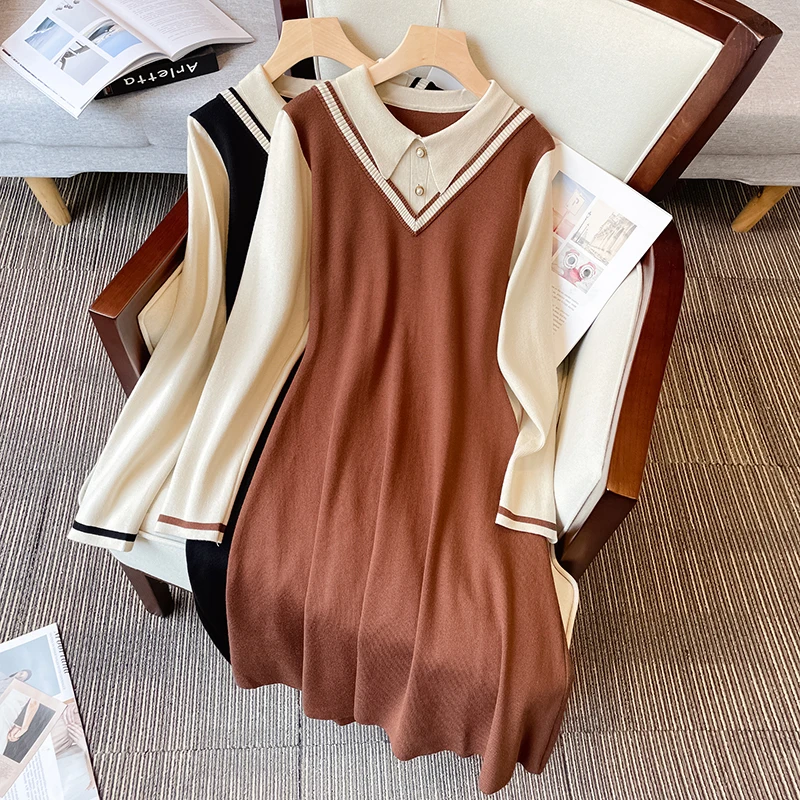 

Winter Autumn Color Patchwork Sweater Dress Long Sleeve Elegant Kintted A Line Dresses Women Vestido Robe Chic Fall Clothing