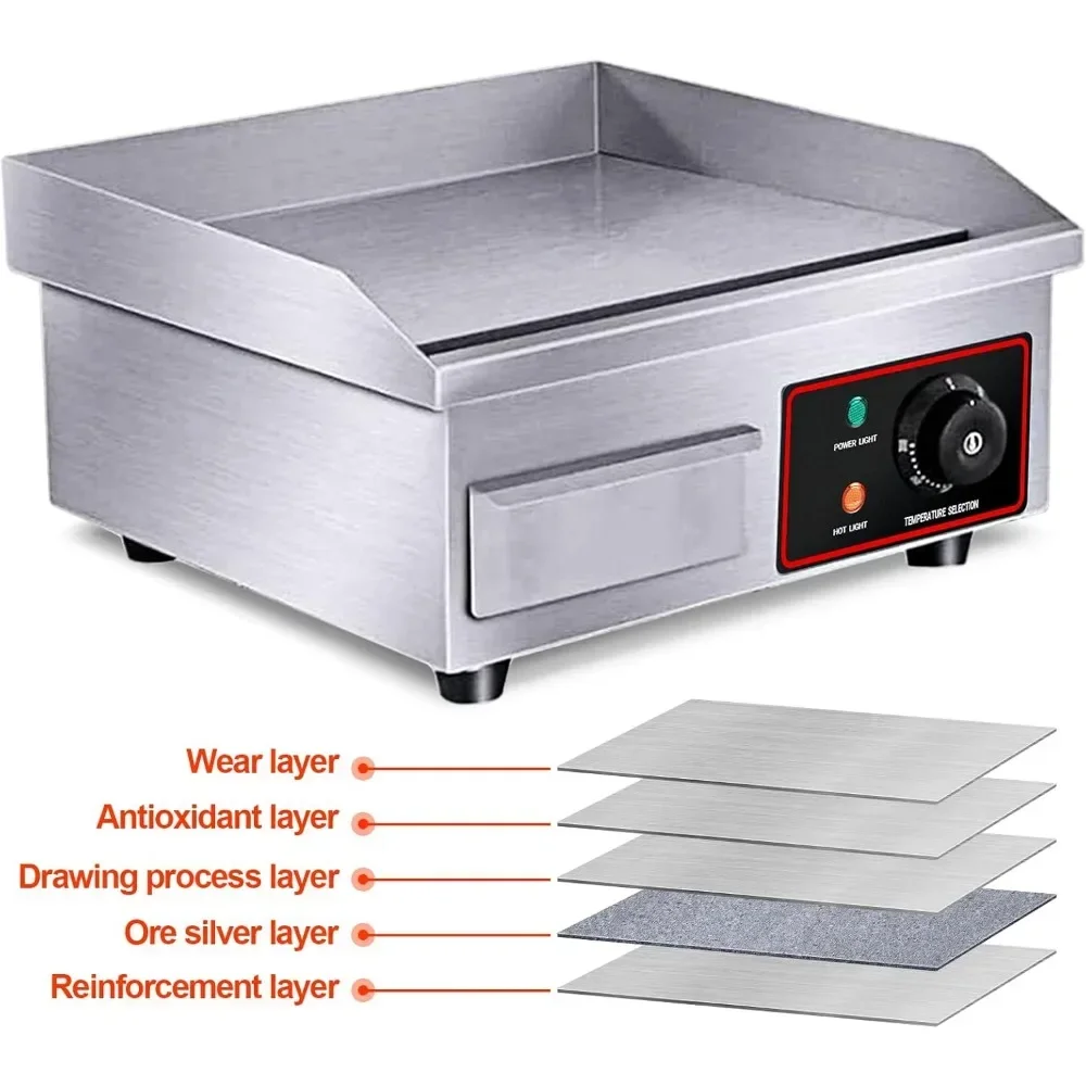 Parrilla eléctrica comercial, plancha de 14 ", 1600W, 110V, parrilla Teppanyaki antiadherente para restaurante, temperatura ajustable de acero inoxidable