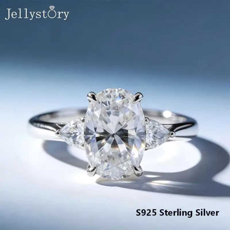 JellyStory S925 Silver Rectangular Moissanite Ring Teardrop Side Design Full Inlaid Band Minimalist Jewelry for Daily Wear
