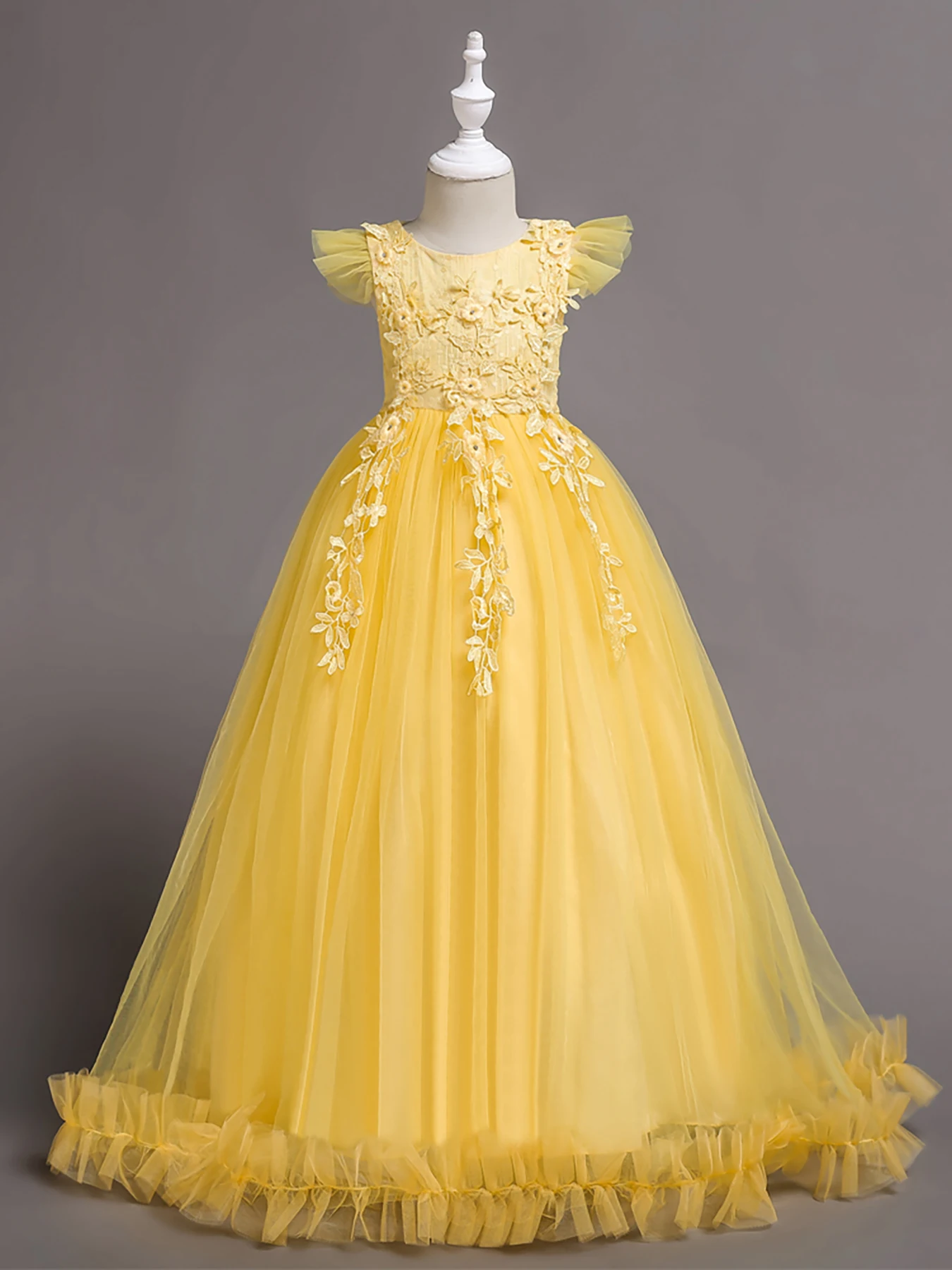 Yellow CUHK Girls Dress Princess Dress Long Flying Sleeve Lace Dress Holiday Party Piano Costume For Girls Aged 4-14