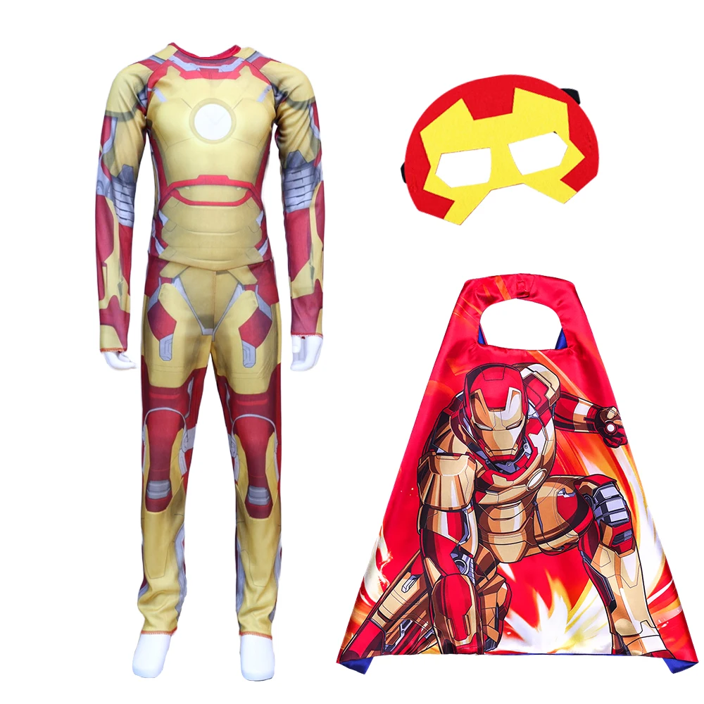 Children Cosplay Iron Man Mark42 Suit Costume Jumpsuit with Mask Cape Boys Fantasy Role Play Clothes