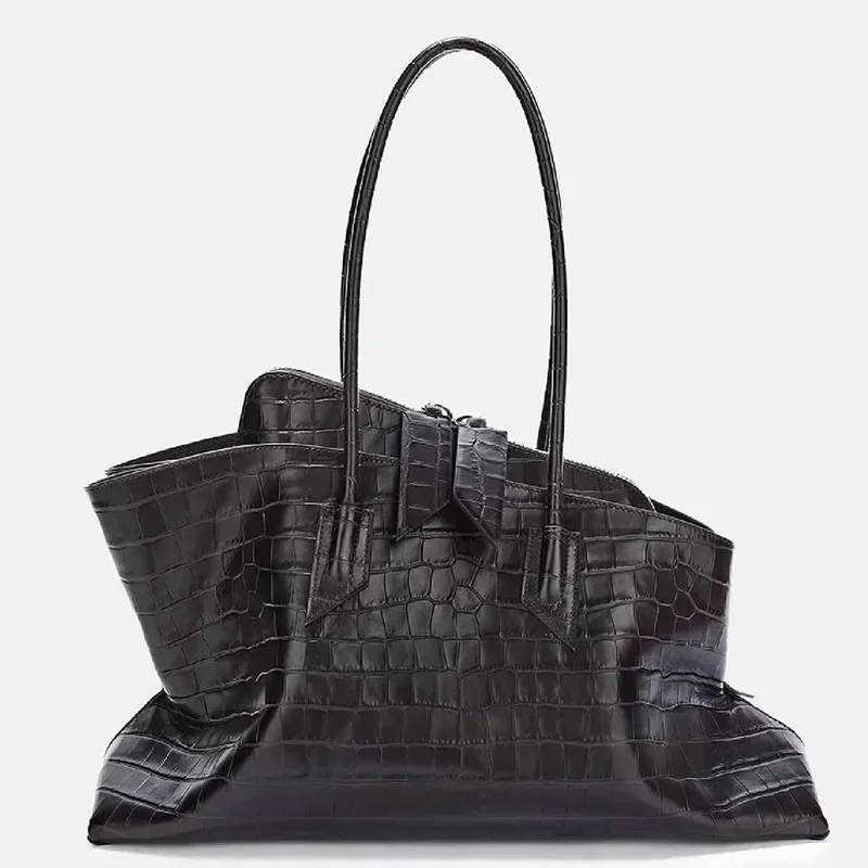 Women's Pleated Leather Shoulder Bag Retro Crocodile Pattern Large Capacity Tote Bag Fashion Design Female Daily Commuter Bag - view 2