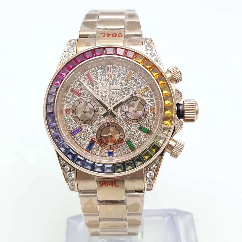 40mm Colorful Diamond Gem Luxury Men's Quartz Watch Rose Gold VK63 Watch 6 Needle Chronograph Waterproof Sapphire quartz watch