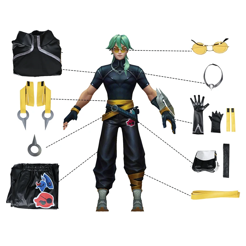 ROLECOS Game LOL HEARTSTEEL Ezreal Costume Cosplay LOL HEARTSTEEL GQ Ezreal Black Unisex Suit Halloween Set completo con occhiali