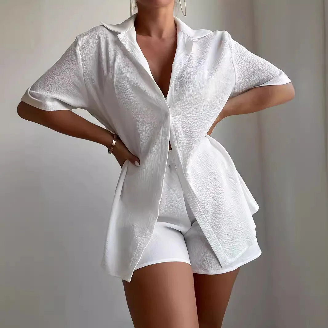 2025 verão tk europa, américa e comércio exterior amazon nova camisa de cor sólida shorts soltos casuais conjunto de duas peças atacado