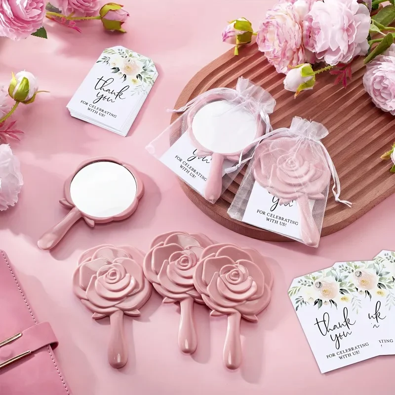 30pcs/Set Mirror Plastic Compact Mirrors with Rose Design Bridal Thank You Card Yarn Bag Wedding Party Gift Bridal Shower Favors