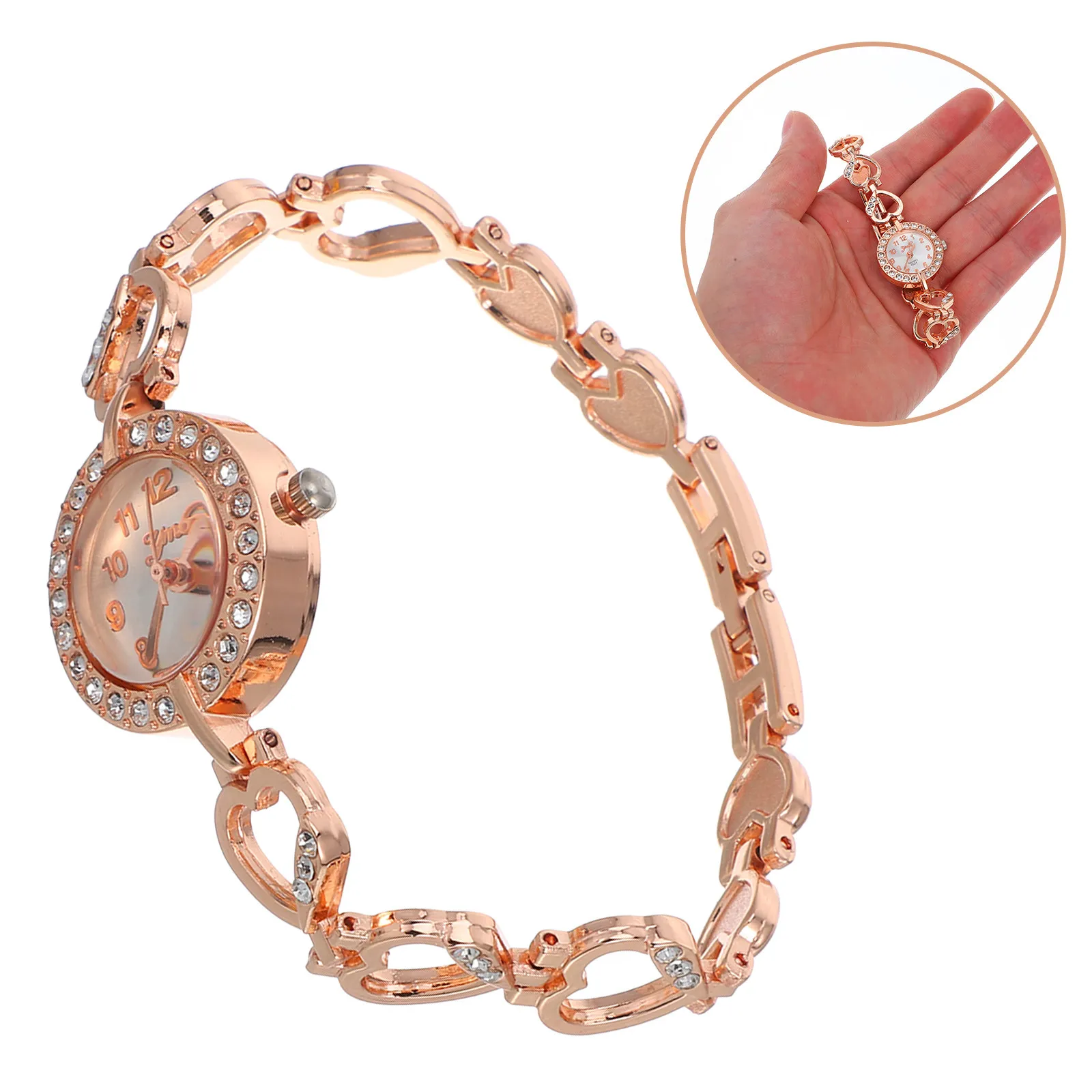 Creative Women Quartz Watch Rose Gold Filled Rhinestone Heart Dial Chic Fashionable Birthday Gift Accessory Digital Watch