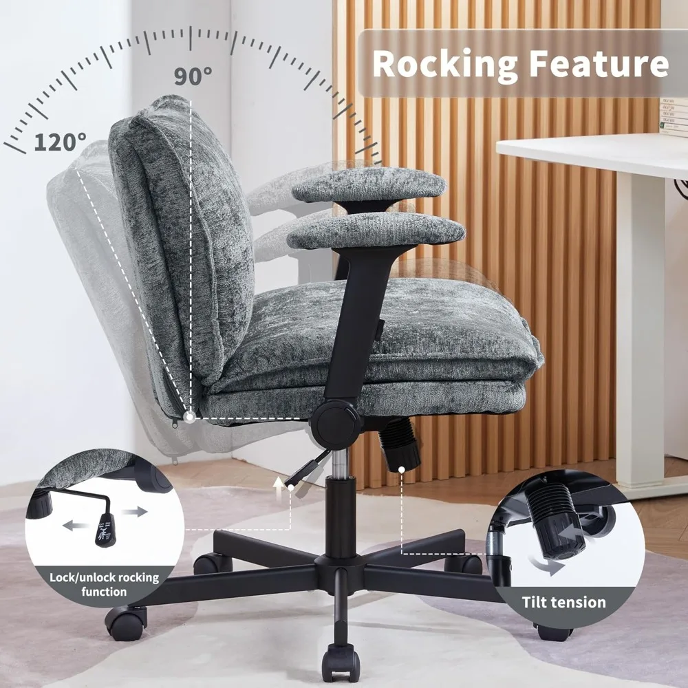 كرسي مكتب بأرجل متقاطعة مع عجلات وأذرع قابلة للتعديل، كرسي مكتب متقاطع مع وسادة سميكة، كرسي مقعد عريض
