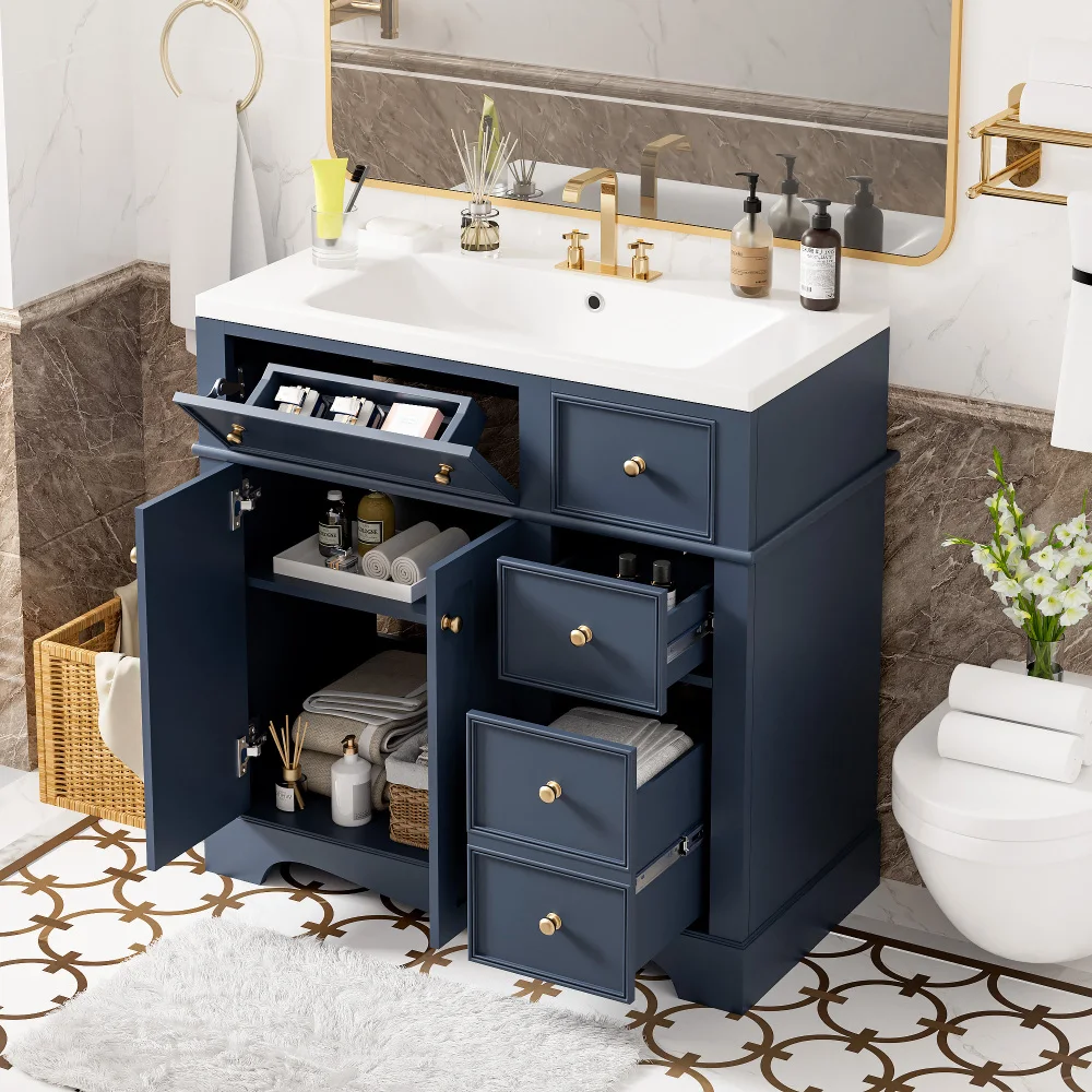 36'' Bathroom Vanity with Resin Sink Combo, Solid Wood Frame Bathroom Storage Cabinet, Freestanding Vanity Set with 3 Drawers