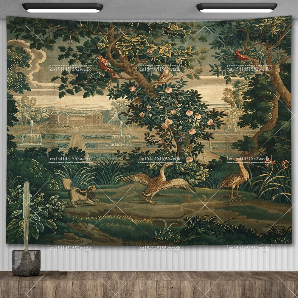 Vintage French Tapestry Wall Hanging Verdure With Château And Garden Tapestry Aesthetic Room Decor Backdrop Printed Tapestries